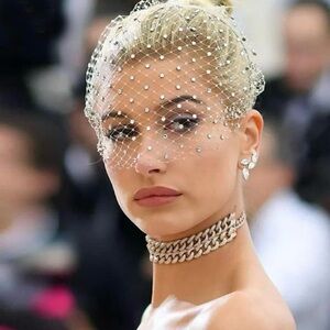 Birdcage Veil Headband Rhinestones White